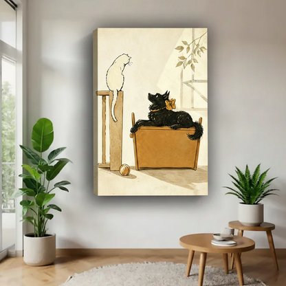 Gallery wrap vintage cat dog storybook canvas art displayed frameless on white wall flanked by tropical indoor plants