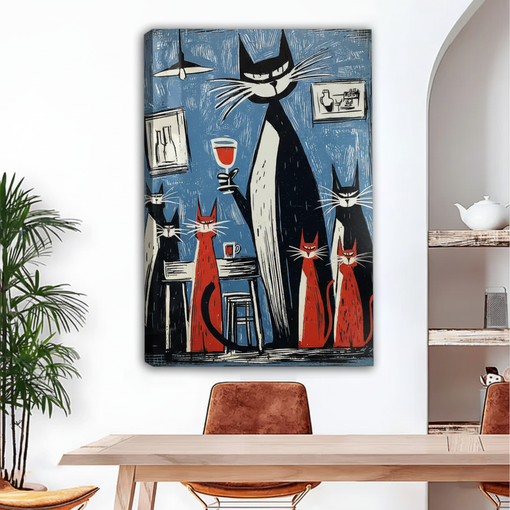 Vintage woodcut cats wine bar canvas art print with visible wrap edges hung in bright dining room