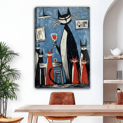 Vintage woodcut cats wine bar canvas art print with visible wrap edges hung in bright dining room