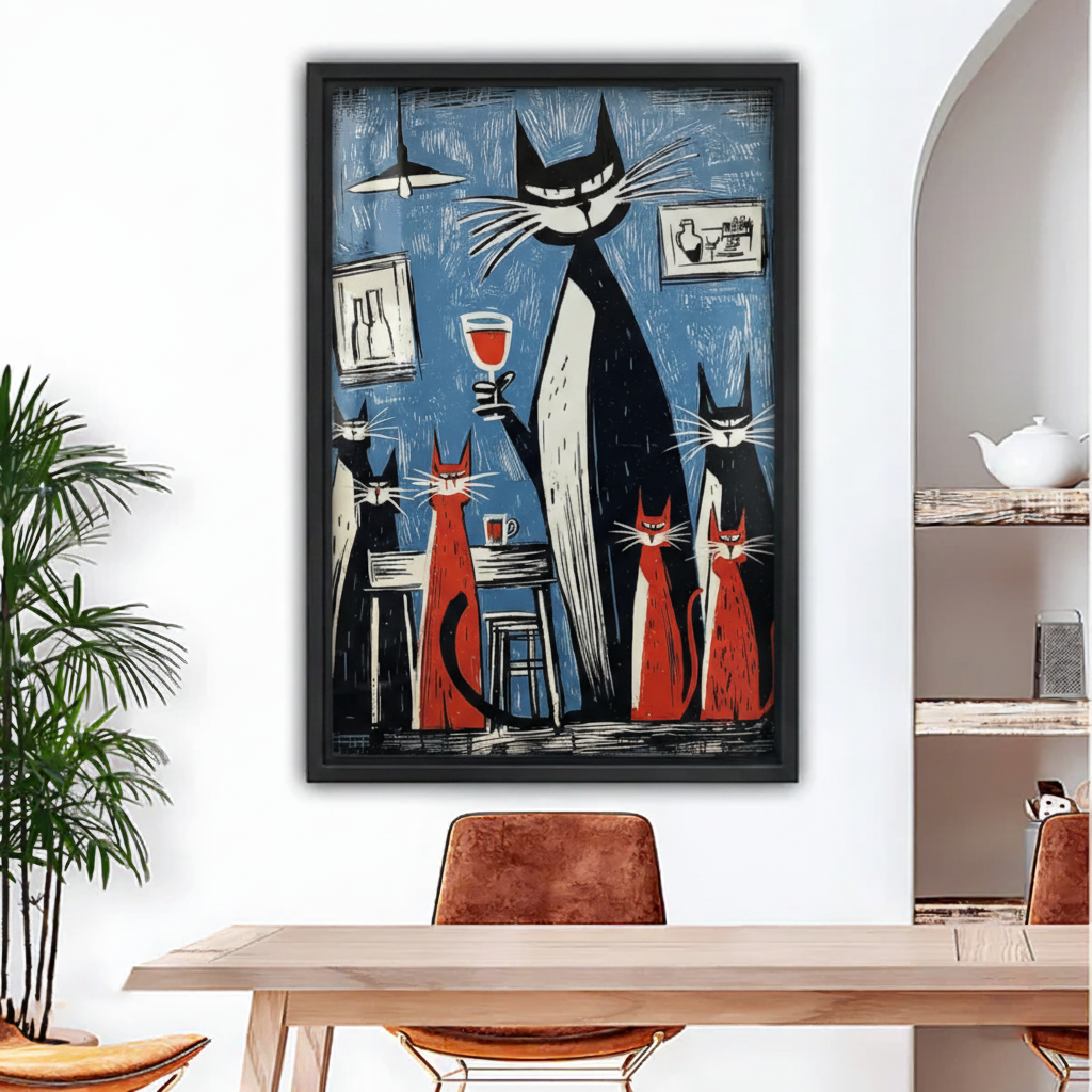 Vintage cats wine bar woodcut framed canvas wall art displayed above wooden dining table in modern dining room