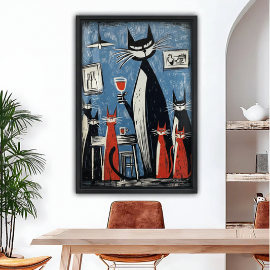 Vintage cats wine bar woodcut framed canvas wall art displayed above wooden dining table in modern dining room
