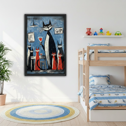 Vintage woodcut cats wine bar framed canvas wall art above bunk bed in cheerful kids bedroom