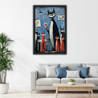 Bold vintage cats wine bar woodcut framed wall art above grey sofa in modern living room