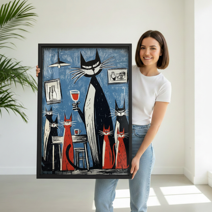 Smiling woman holding vintage cats wine bar woodcut framed canvas art showing size reference