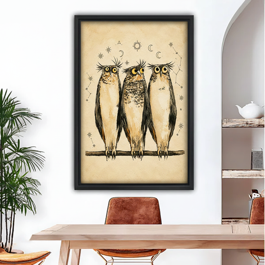 Framed vintage watercolor celestial owls canvas wall art with black frame above dining table