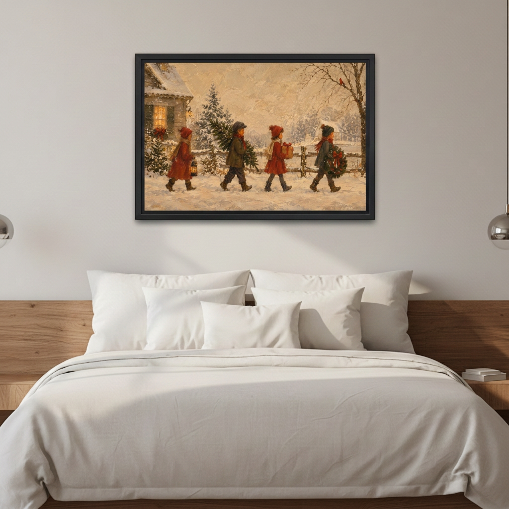 Vintage Christmas children canvas wall art in a black frame above a bed with white bedding.