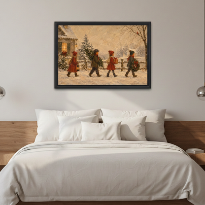 Vintage Christmas children canvas wall art in a black frame above a bed with white bedding.