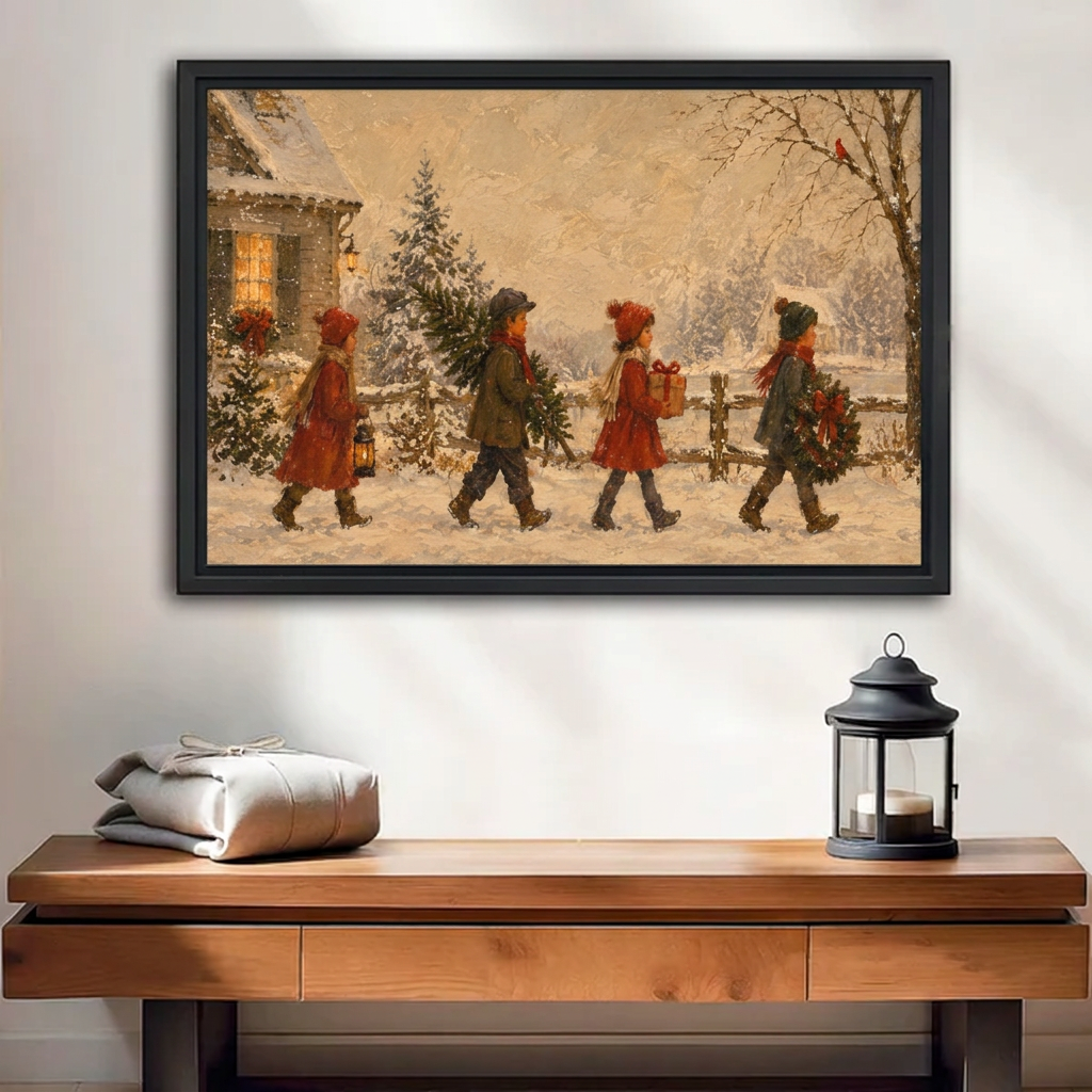 Framed vintage Christmas children canvas wall art above a wooden entryway bench beside a black lantern.
