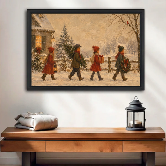Framed vintage Christmas children canvas wall art above a wooden entryway bench beside a black lantern.