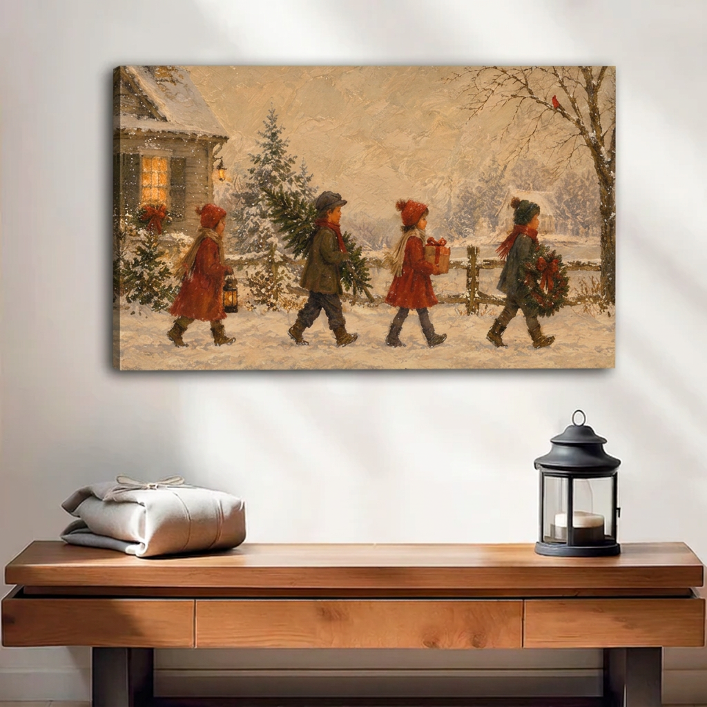 Gallery-wrapped vintage Christmas children canvas wall art featuring four children carrying festive decorations through a snowy village.