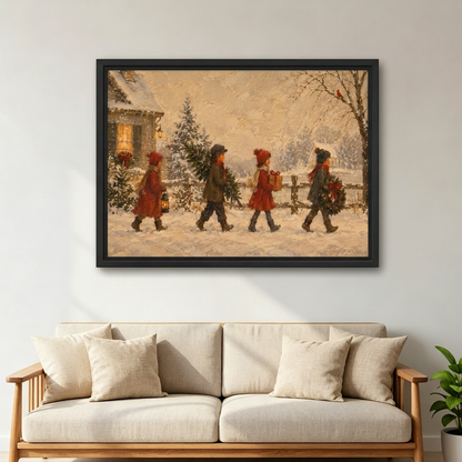 Framed vintage Christmas children canvas wall art displayed above a cream sofa with wooden arms and neutral cushions.