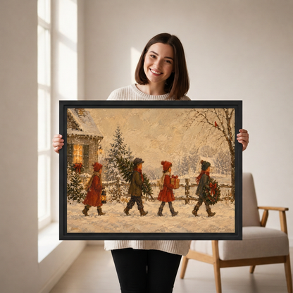 Woman holding framed vintage Christmas children canvas wall art depicting a snowy walk with gifts and evergreen decorations.