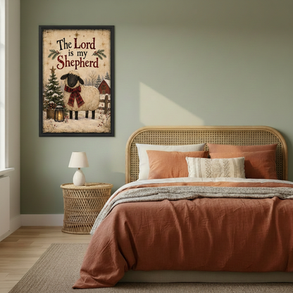 Christmas sheep canvas wall art displayed on a sage green bedroom wall beside a woven headboard.