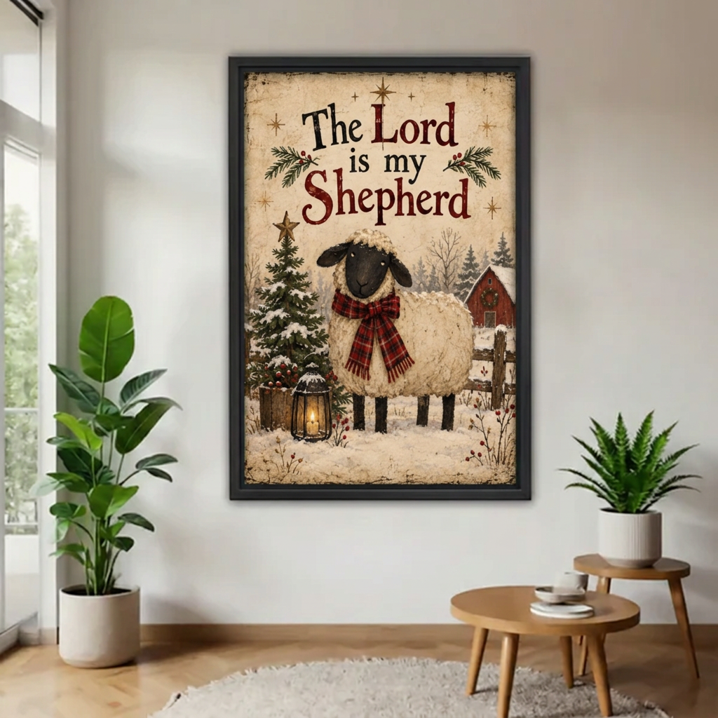 Vintage Christmas sheep canvas wall art in a black frame with snowy evergreens, a lantern, and scripture lettering.