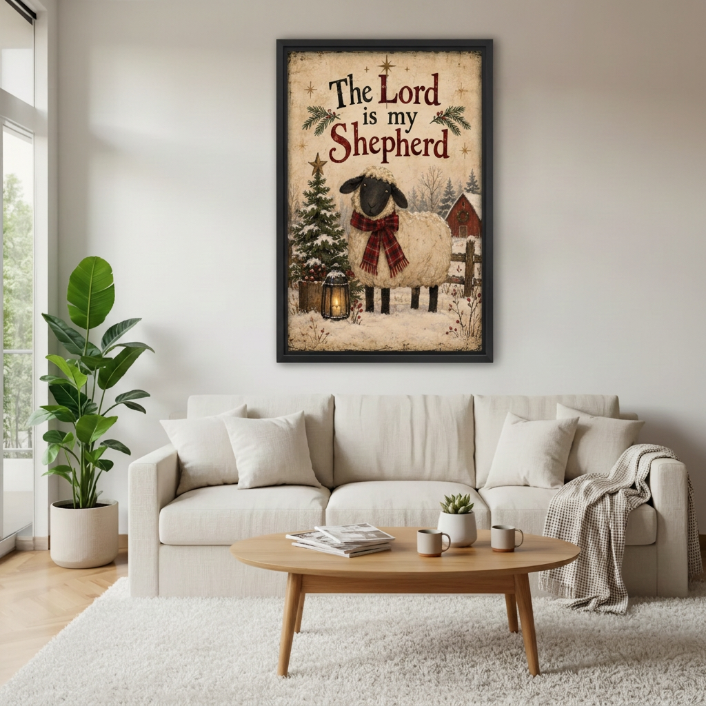 Framed vintage Christmas sheep canvas wall art hanging above a cream sofa in a bright living room.