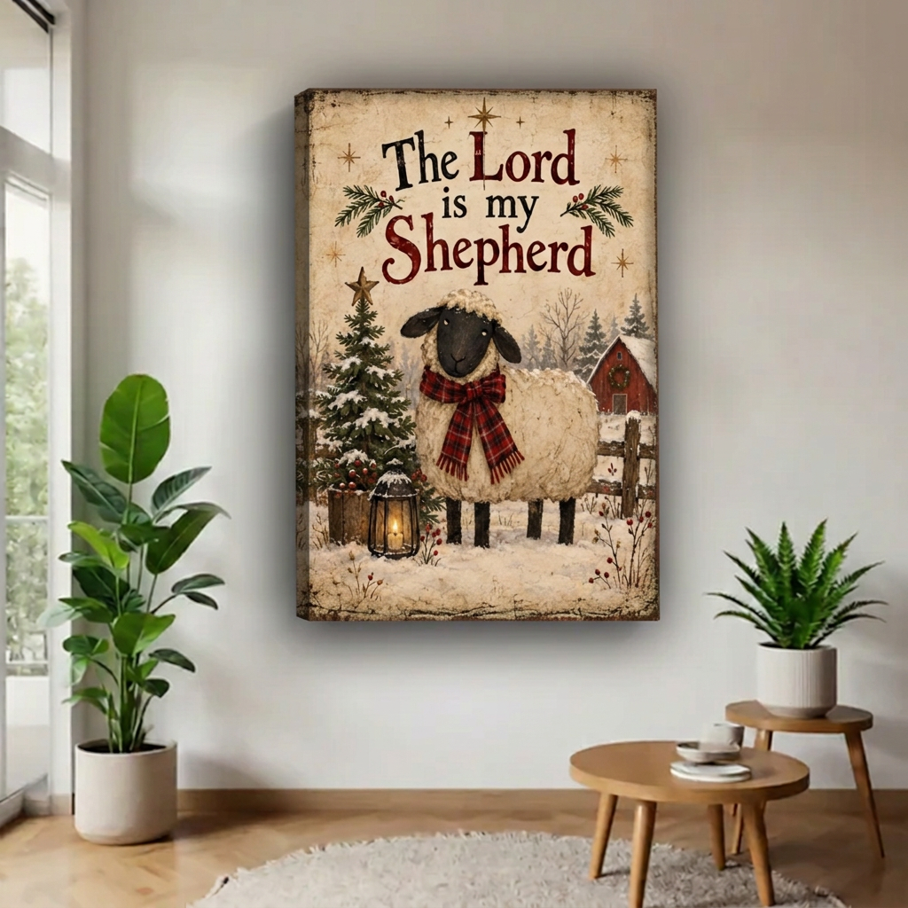 Vintage Christmas sheep canvas wall art with “The Lord is my Shepherd” lettering displayed unframed beside houseplants
