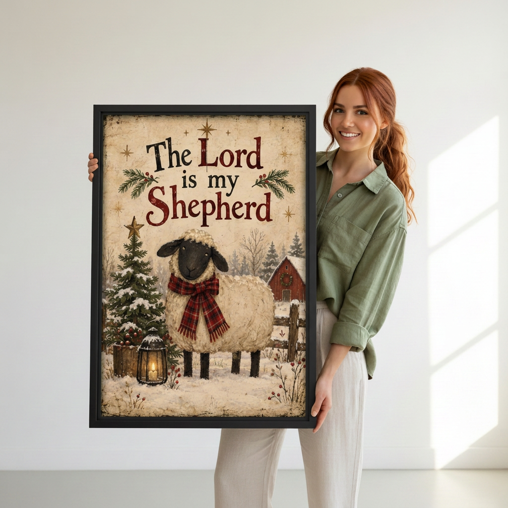 Woman holding black-framed vintage Christmas sheep canvas wall art featuring a red plaid scarf and snowy scenery.