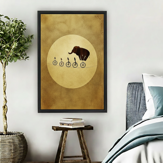 Vintage circus elephant unicycle canvas wall art in black frame above wooden stool in cozy bedroom