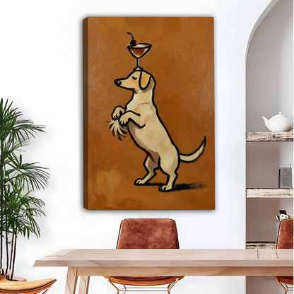Gallery-wrap vintage canvas art featuring a dog balancing a cherry-topped cocktail glass on its head.