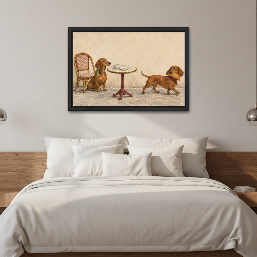Black framed vintage dachshund cafe canvas wall art hanging above white bedding and a wooden headboard.
