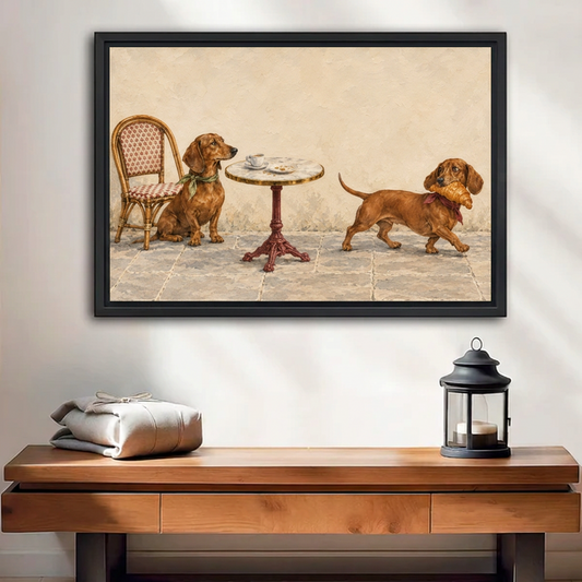 Vintage dachshund cafe canvas wall art in a black frame above a wooden console table with a lantern.