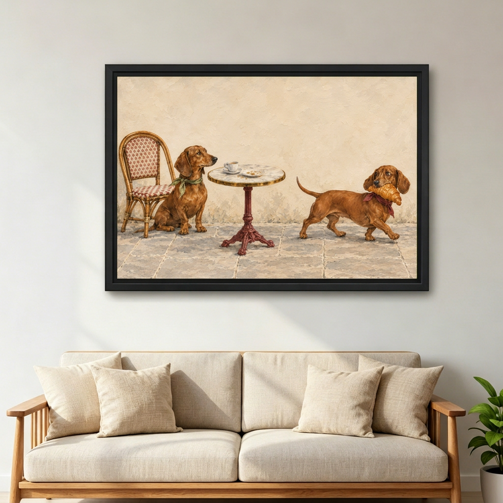  Vintage dachshund cafe canvas wall art in a black frame above a cream sofa with wooden arms.