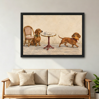  Vintage dachshund cafe canvas wall art in a black frame above a cream sofa with wooden arms.