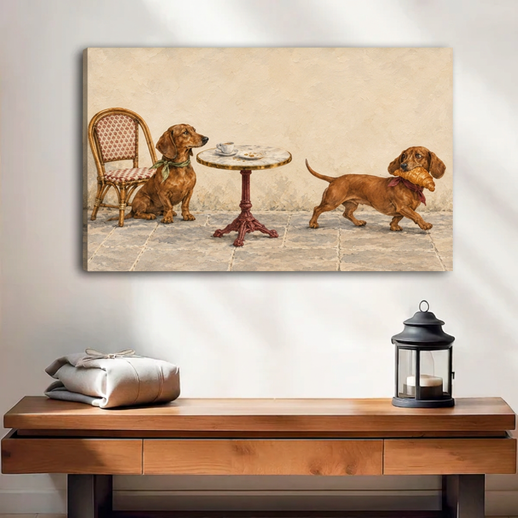 Unframed vintage dachshund cafe canvas wall art above a console table, featuring two brown dogs and a croissant.