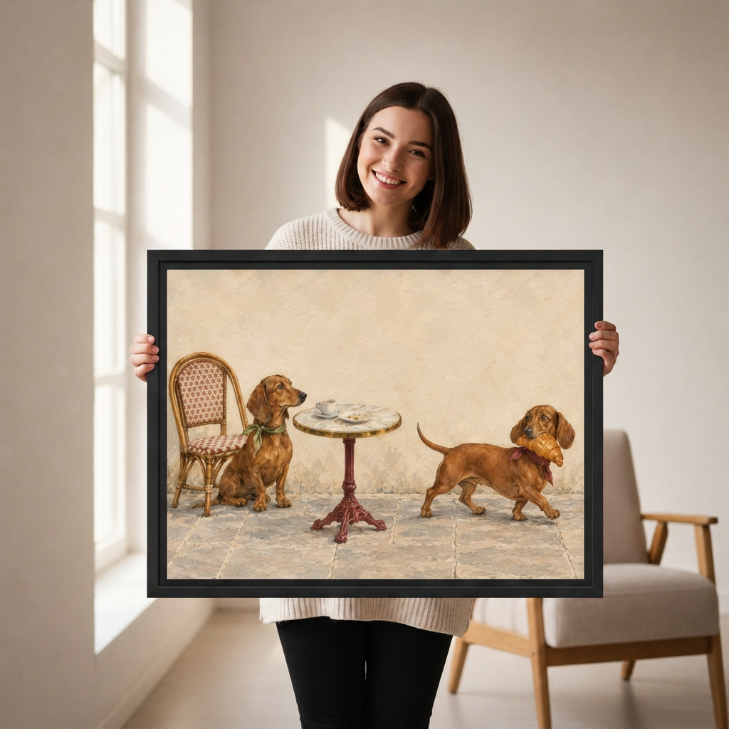 Woman holding black framed vintage dachshund cafe canvas wall art featuring two dogs beside a bistro table.