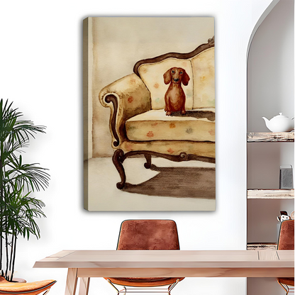 Vintage dachshund sofa canvas print wall art mounted beside an arched alcove shelf