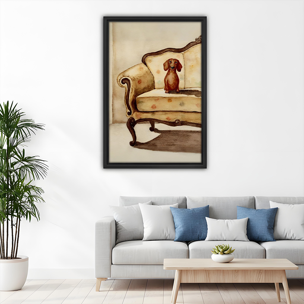 Vintage dachshund sofa wall art hanging in a children's bedroom above a bunk bed