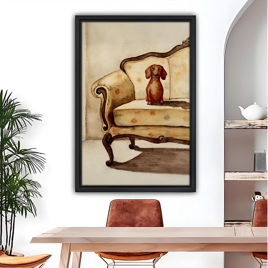 Vintage dachshund sofa wall art in black frame above a wooden dining table
