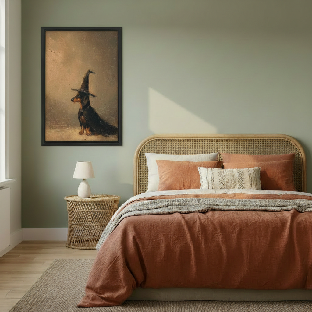 Framed vintage dachshund witch canvas wall art displayed above a warm-toned bedroom.
