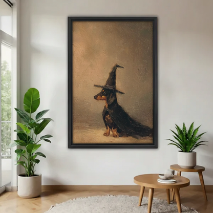 Vintage dachshund witch canvas wall art displayed in a black frame against a bright accent wall.
