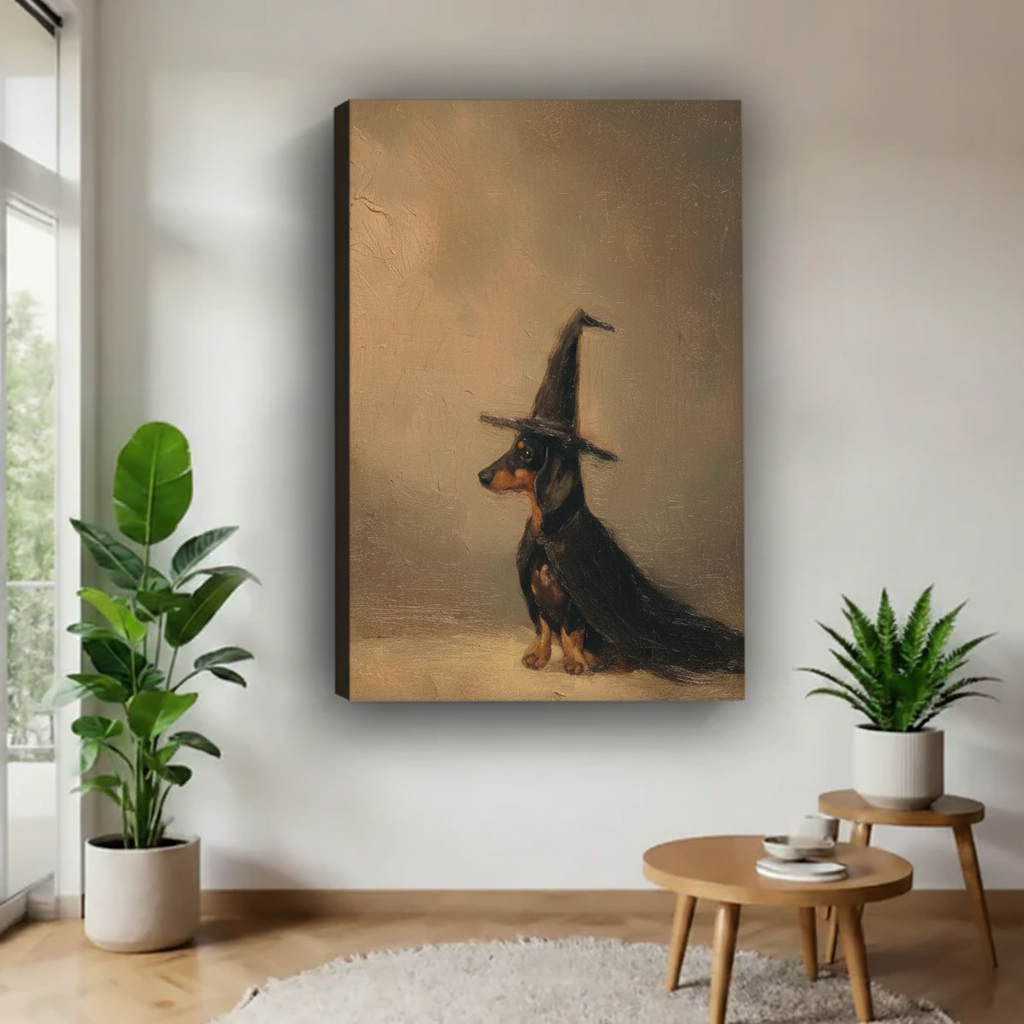 Vintage dachshund witch canvas wall art shown as a gallery-wrap canvas with visible side depth