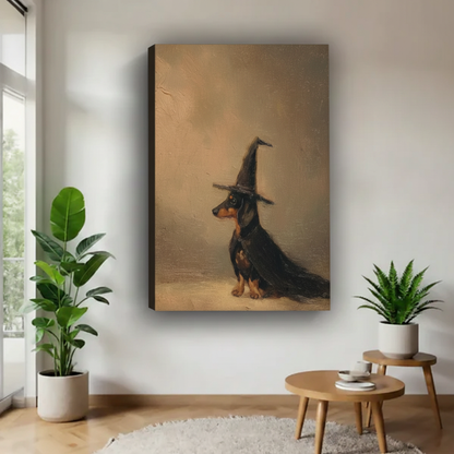 Vintage dachshund witch canvas wall art shown as a gallery-wrap canvas with visible side depth