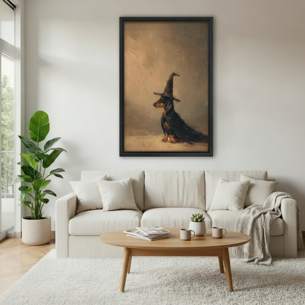 Framed vintage dachshund witch canvas wall art displayed above a neutral sofa in a bright living room.