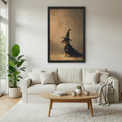 Framed vintage dachshund witch canvas wall art displayed above a neutral sofa in a bright living room.
