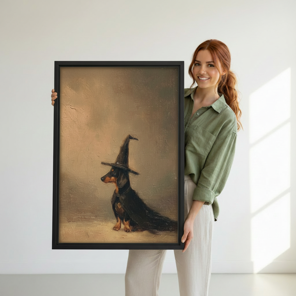 Framed vintage dachshund witch canvas wall art held by a woman to show its scale