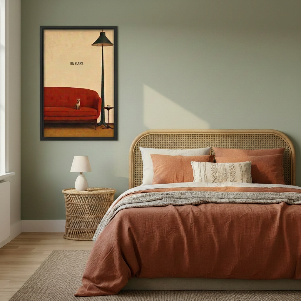 Vintage dog red sofa canvas wall art in a black frame beside a rattan bed with terracotta bedding.