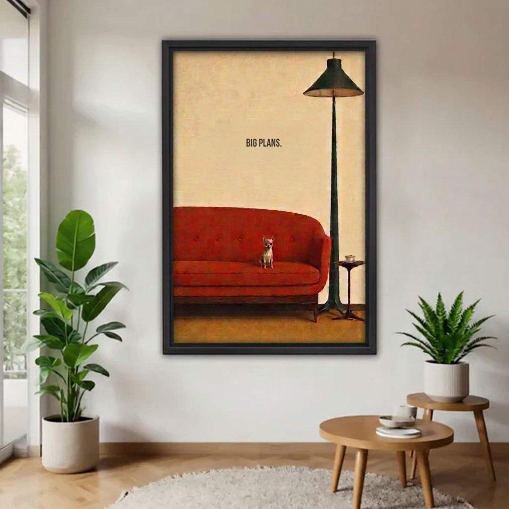 Black-framed vintage dog red sofa canvas wall art with “Big Plans” lettering displayed between houseplants.
