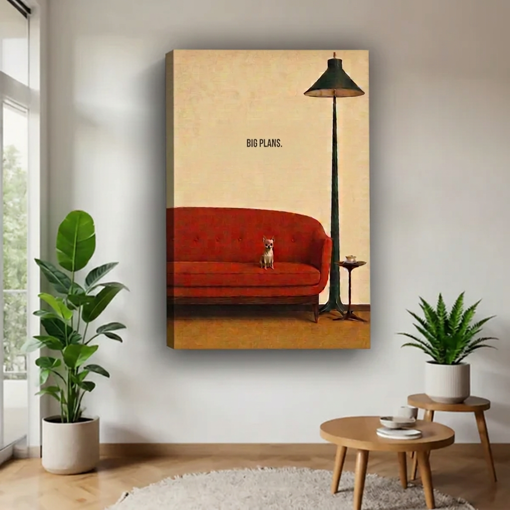 Gallery-wrapped vintage dog red sofa canvas wall art featuring a tiny dog, tall floor lamp, and “Big Plans” quote.