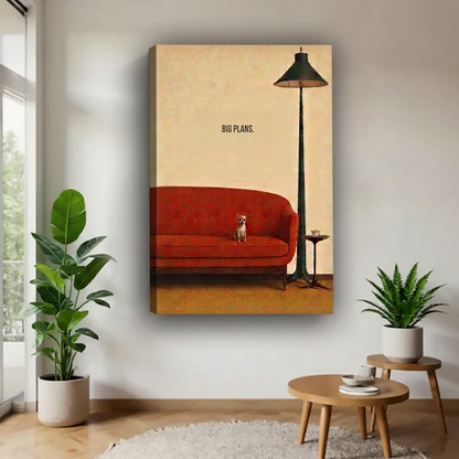 Gallery-wrapped vintage dog red sofa canvas wall art featuring a tiny dog, tall floor lamp, and “Big Plans” quote.