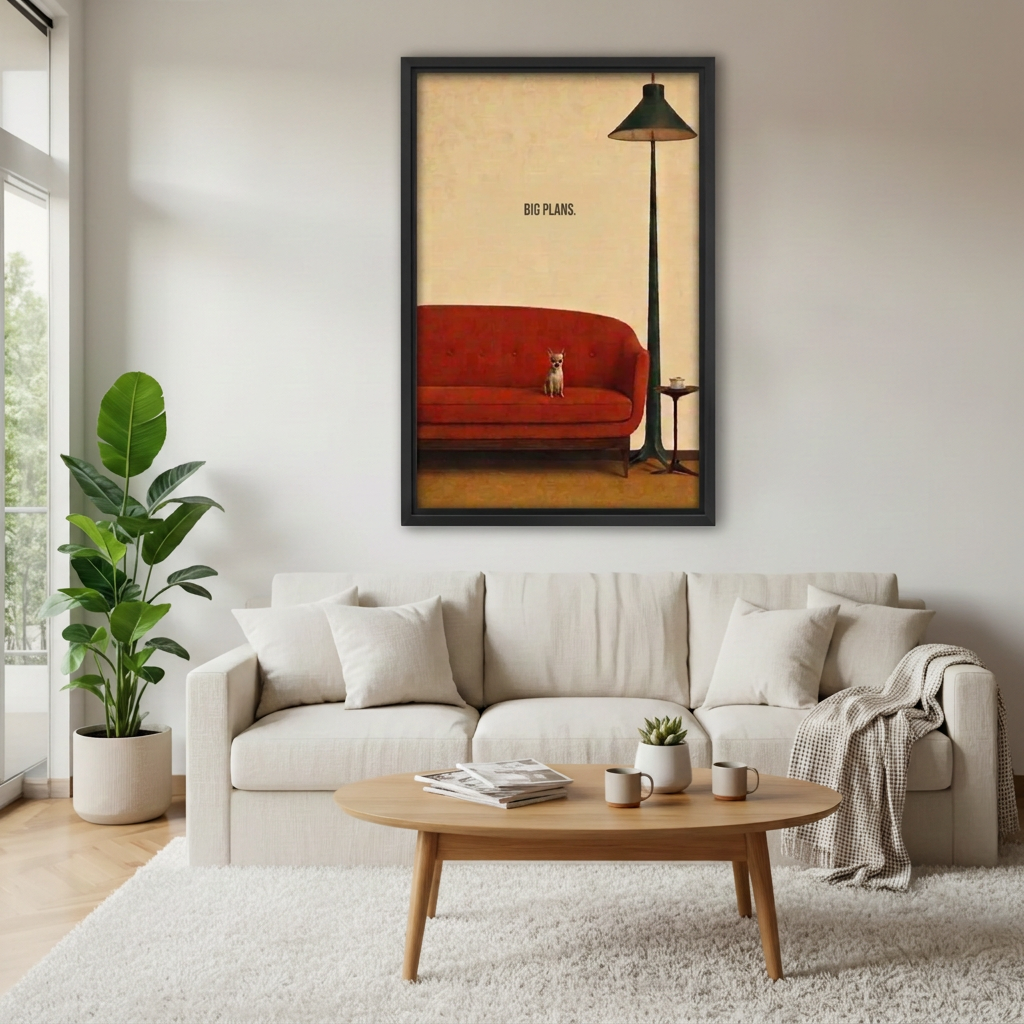  Black-framed vintage dog red sofa canvas wall art hanging above a cream sofa in a sunlit living room.