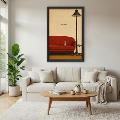  Black-framed vintage dog red sofa canvas wall art hanging above a cream sofa in a sunlit living room.
