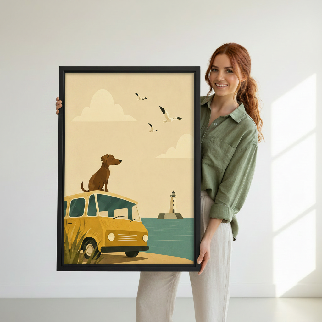 Smiling woman holding large vintage dog van beach retro framed canvas wall art print against white wall with natural window light