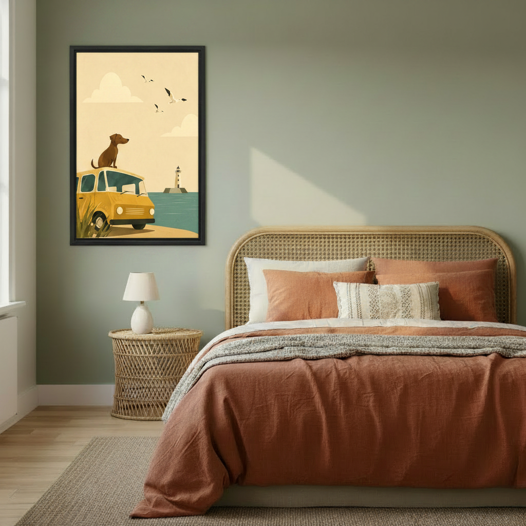 Vintage dog on yellow van beach retro travel framed canvas wall art hanging on sage green wall in boho bedroom with rattan bed
