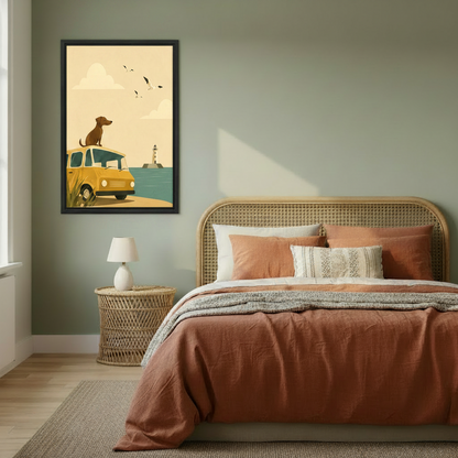 Vintage dog on yellow van beach retro travel framed canvas wall art hanging on sage green wall in boho bedroom with rattan bed
