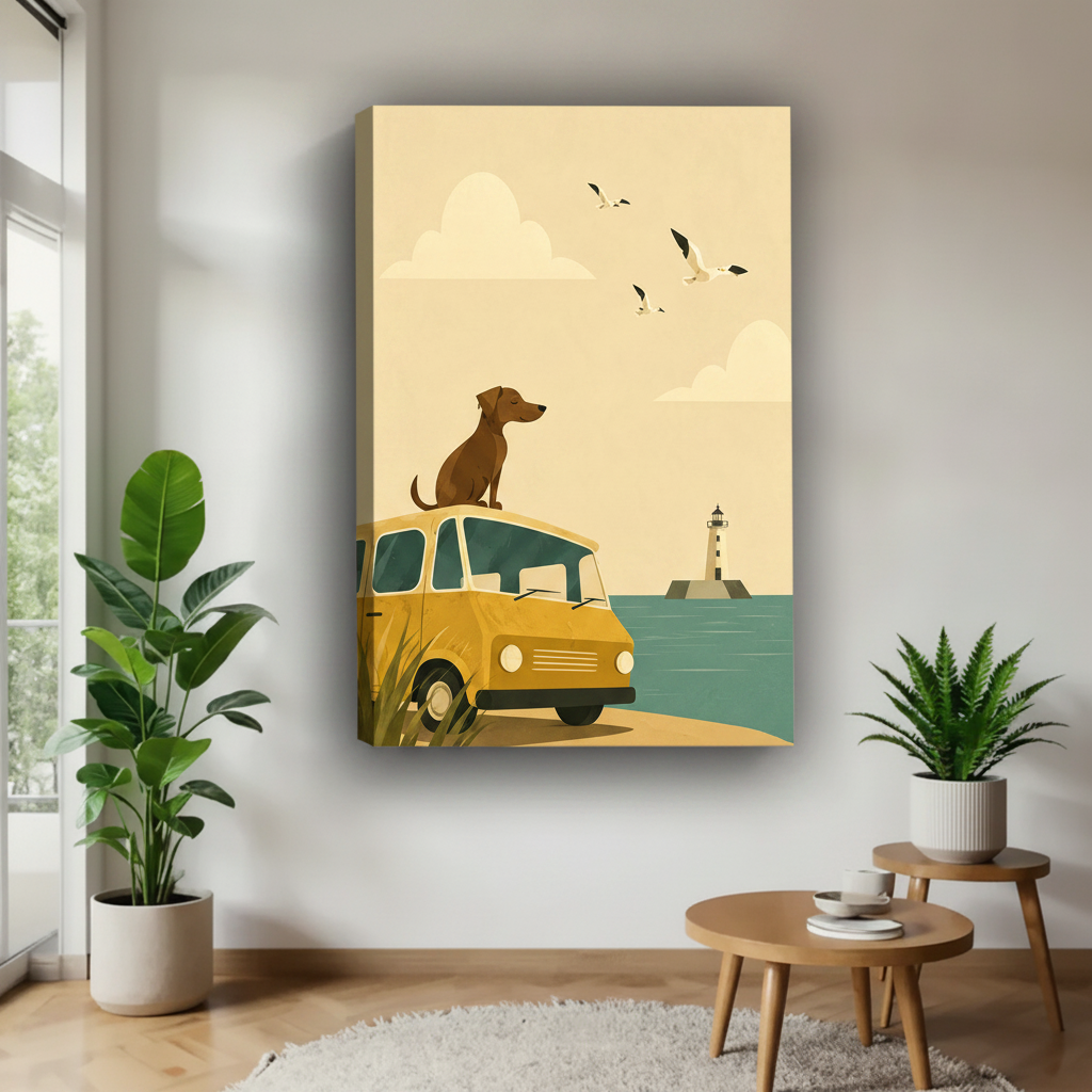 Dog on yellow van lighthouse beach scene gallery wrap canvas art with warm beige wrap edge hung beside tropical green plants