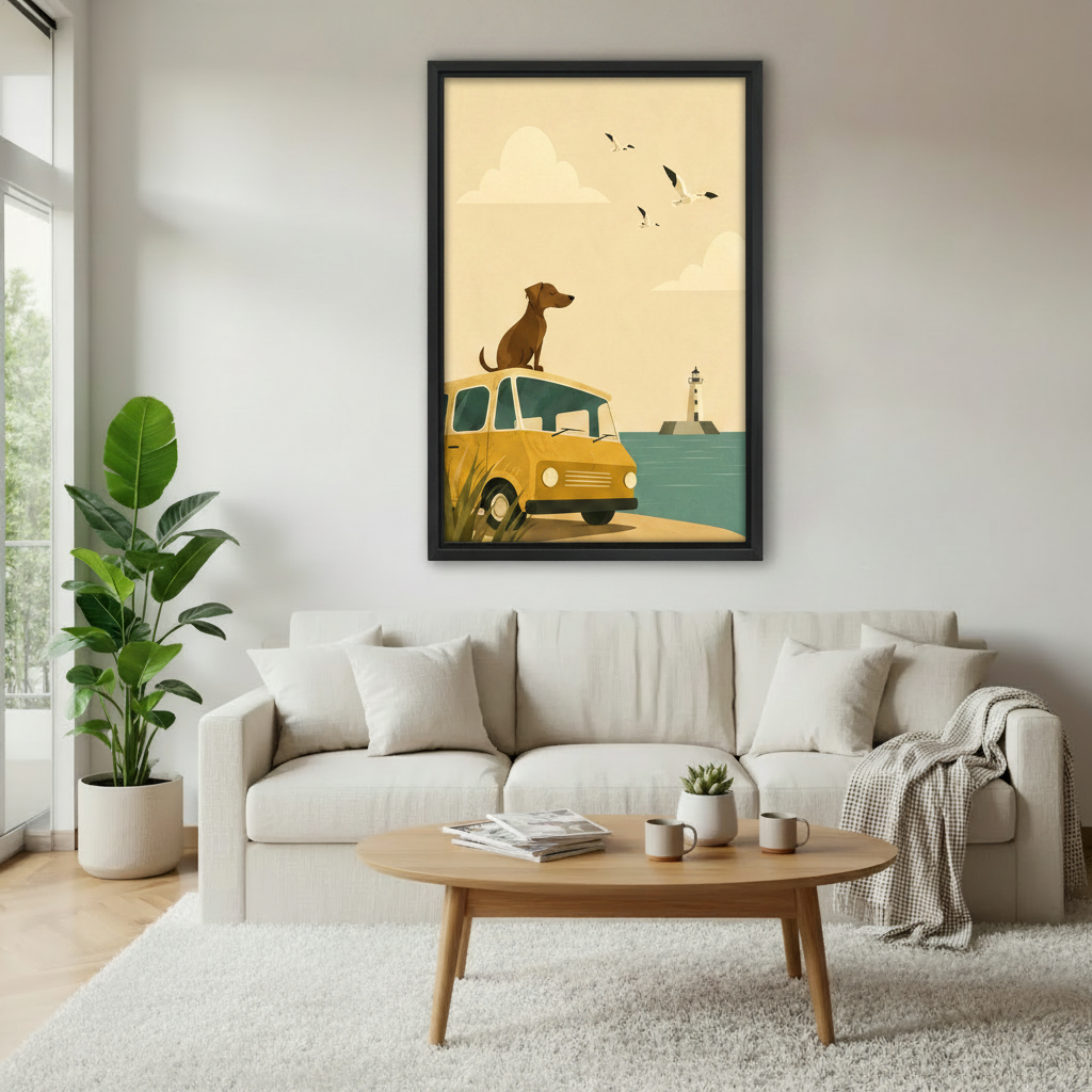 Vintage travel poster style dog van beach framed canvas print above cream sofa in Scandinavian living room with oval wood coffee table